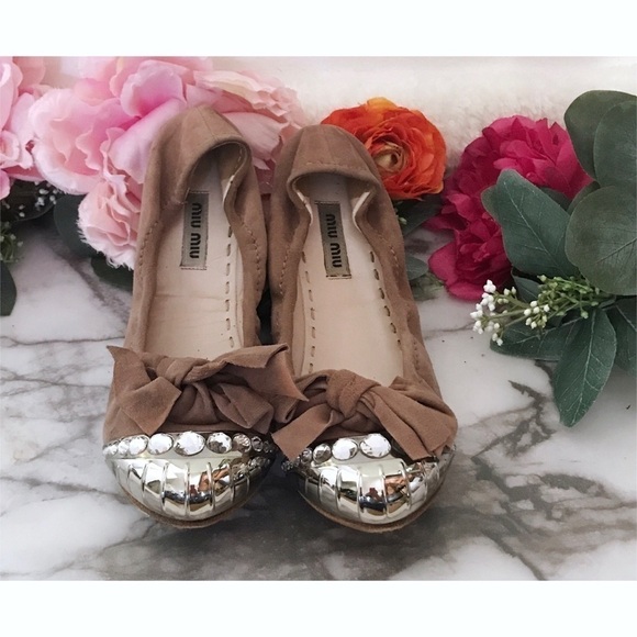 Miu Miu Rhinestone Jewels Bows Suede Ballet Flats​​​​​ - Picture 1 of 7
